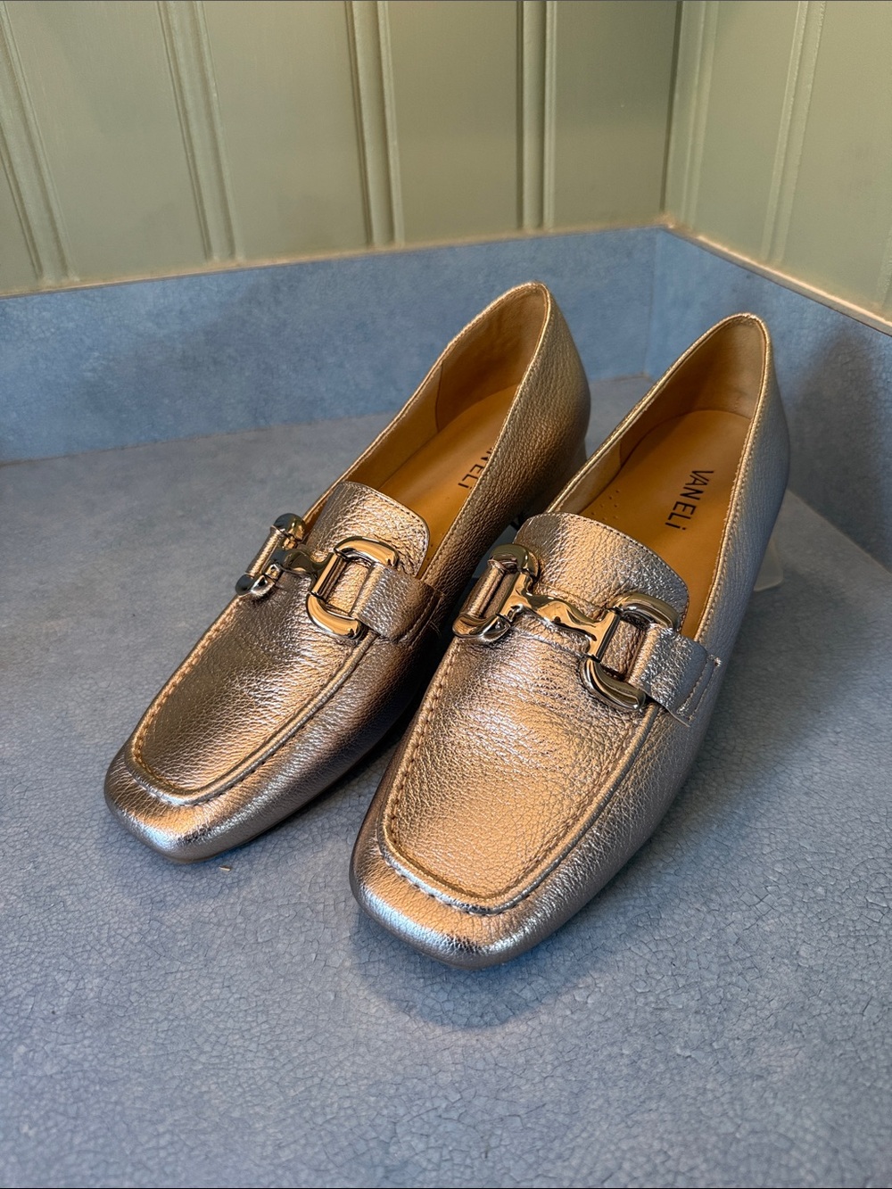 Vaneli Metallic Pewter Leather Horse Bit Loafers